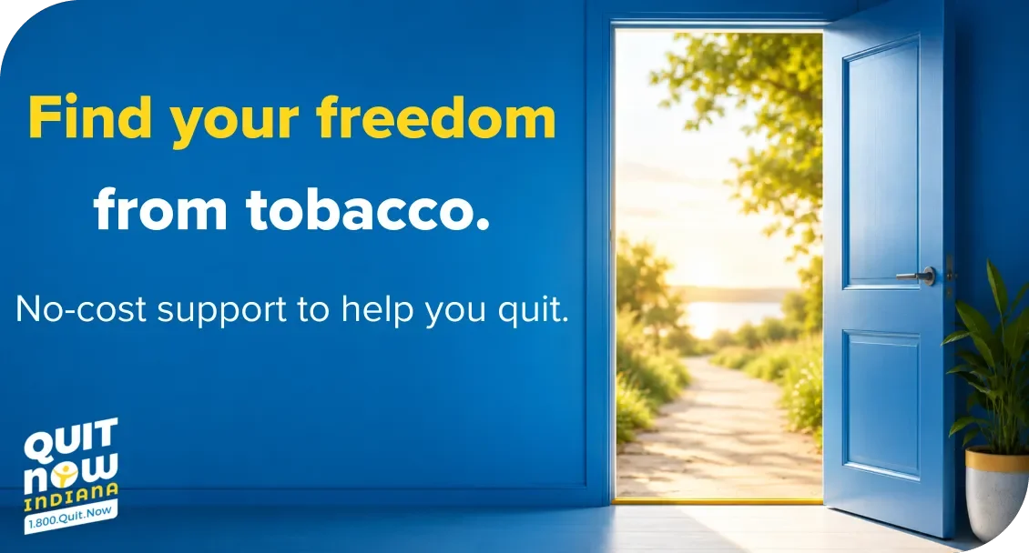  Open blue door to a sunny path. Find your freedom from tobacco. No-cost support to help you quit. 
