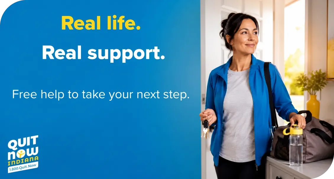  Woman in a blue athletic jacket standing by an open front door with keys, a gym bag, and a water bottle. Real life. Real support. Free help to take your next step. 