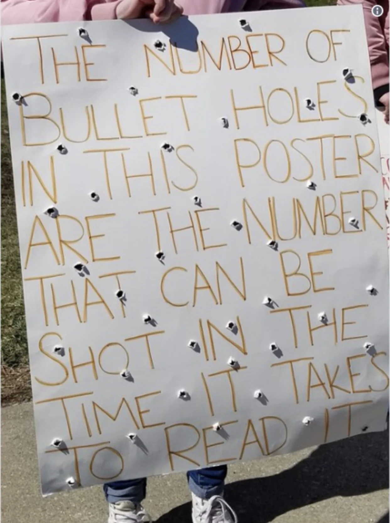 The number of bullet holes in this poster are the number that can be shot in the time it takes to read it.