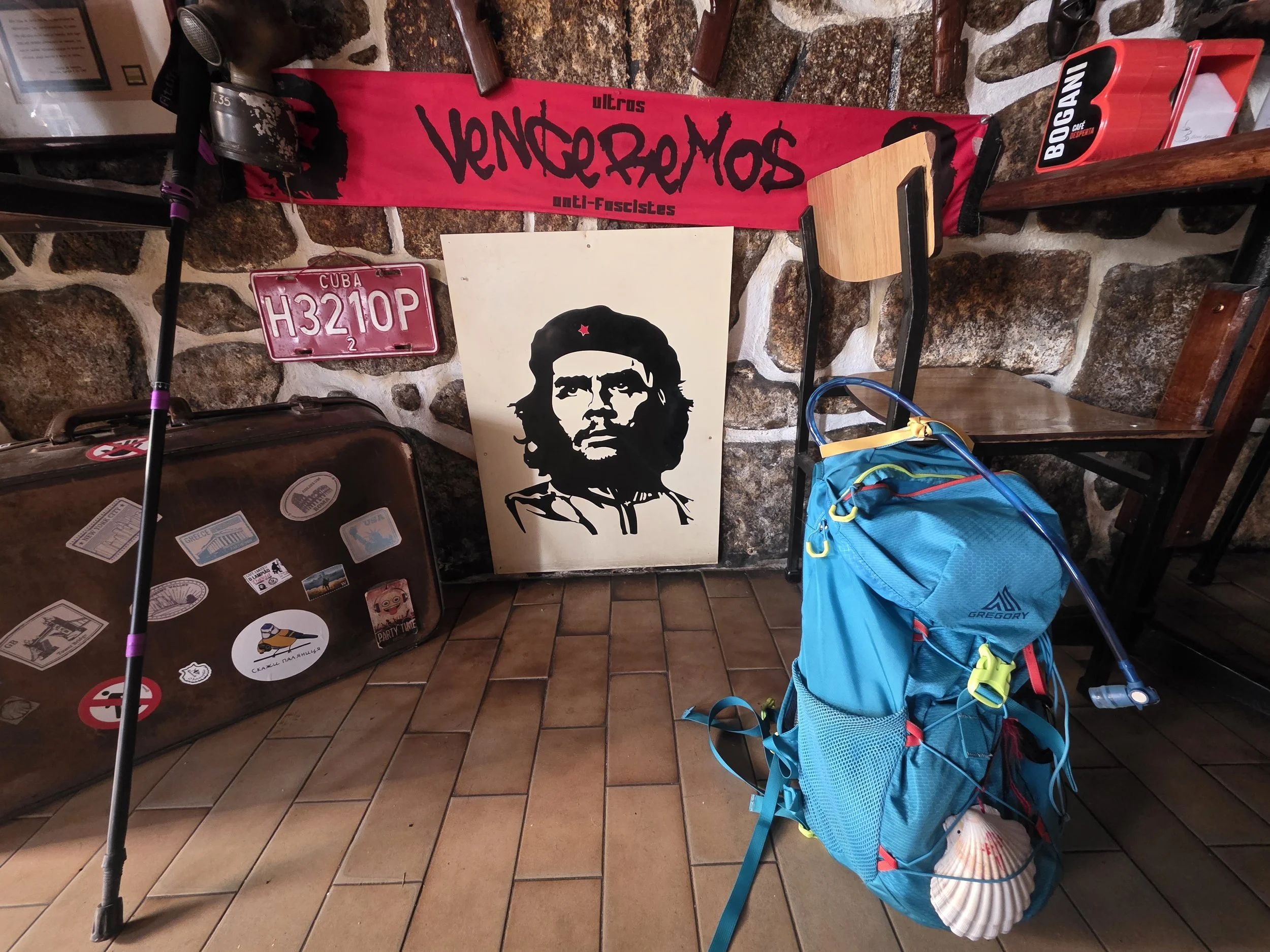 The famous Che Guevara cafe along with my walking stick and backpack.