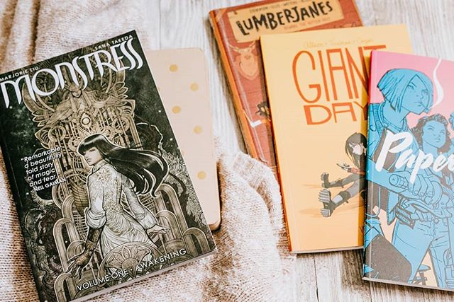 Do you read graphic novels?
I am slightly obsessed and happy share some recs of recent faves.
Aside from the obvious ones in the picture like #lumberjanes #moonstress #giantdays #papergirls, I also recommend #Fence #Saga #thewickedandthedivine and if