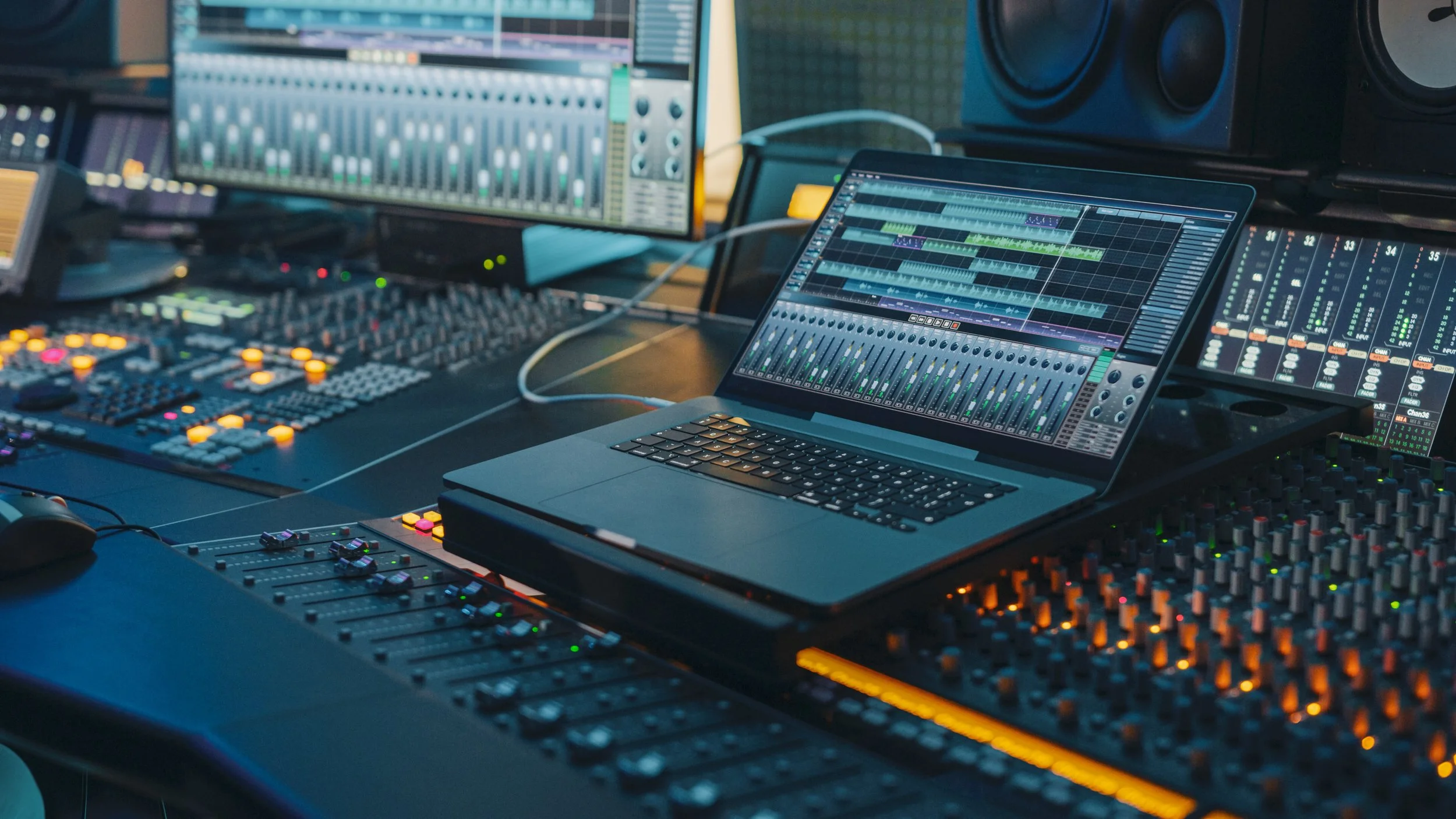 A digital music production setup with multiple screens, a laptop displaying digital audio workstation (DAW) software, and various audio mixing equipment and controllers.