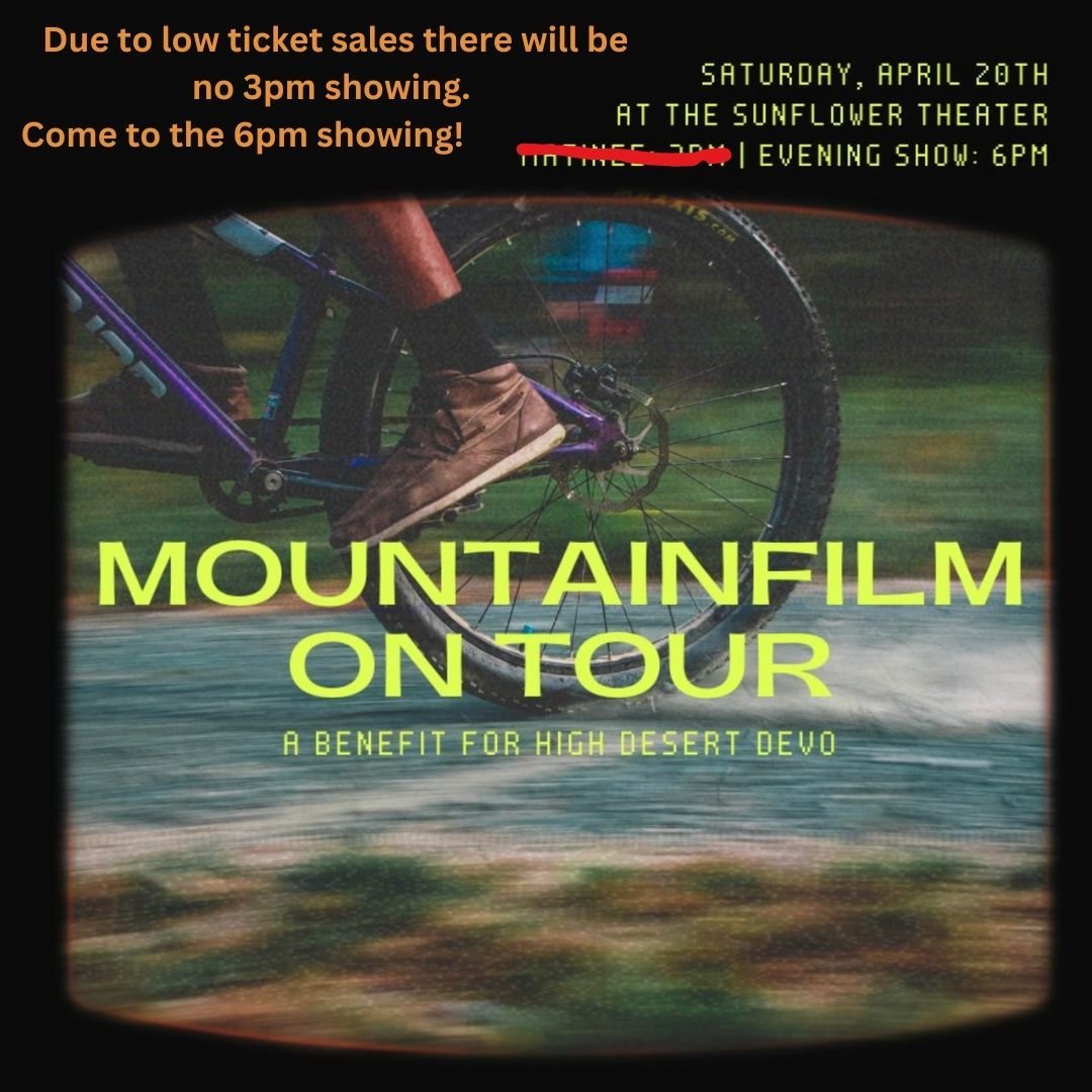 We apologize for people planning on attending the 3pm showing of the Mountain Film on Tour. Due to very low ticket sales for the 3pm showing, we have to cancel the films. 

Tickets are still avaiable for the 6pm showing! 

If you bought a ticket tick