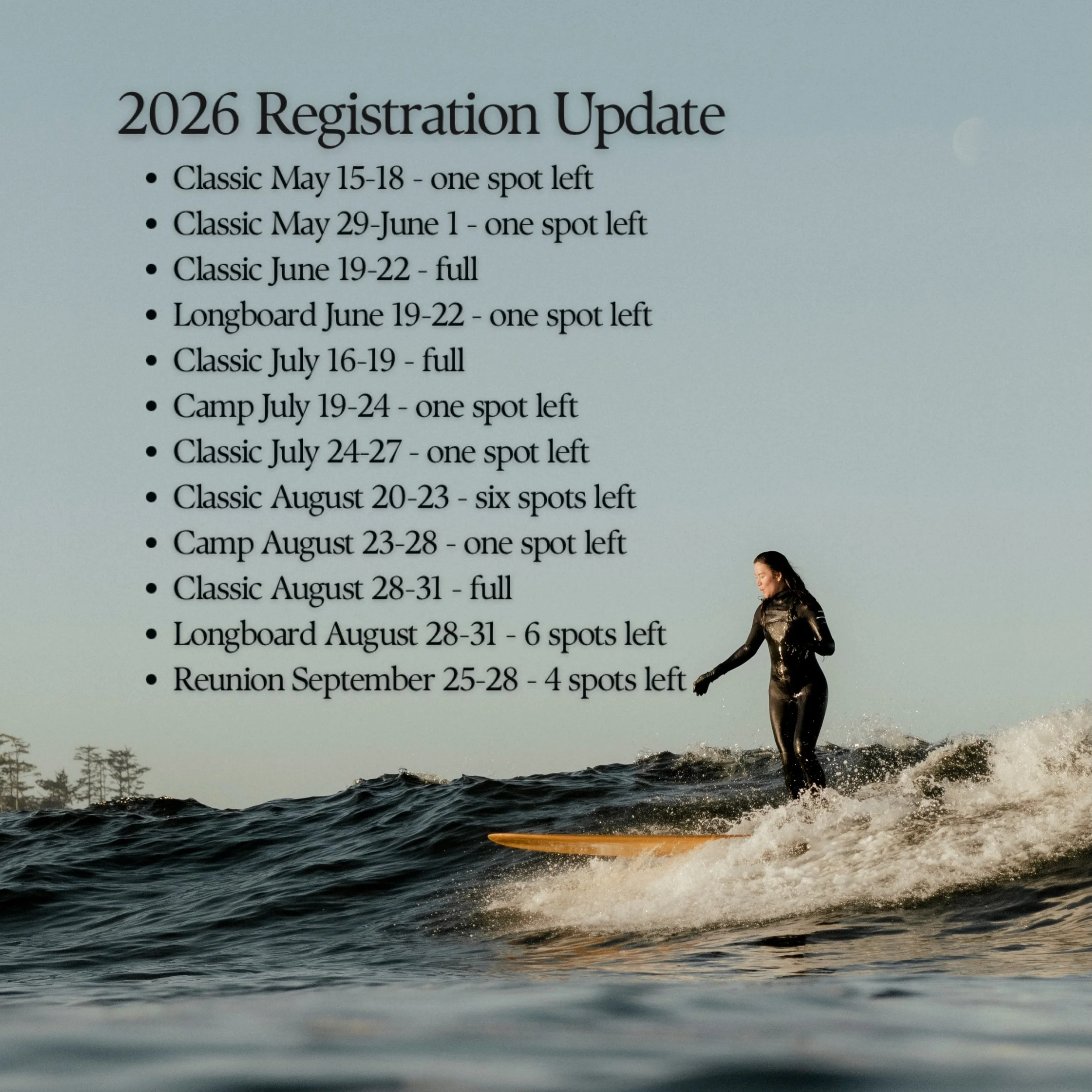2026 Registration Update! 

Have you been eyeing trip dates but have yet to pull the trigger? 

Peep what trips still have space and lock in your spot soon 🌀 

We can&rsquo;t wait to surf with you 🫰🏽

📷: @bryannabradleyphotography 

Registration 