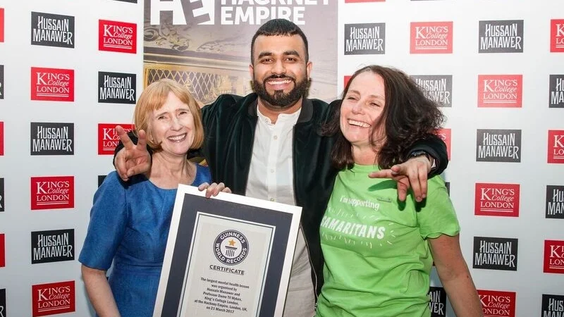 Hussain Manawer with Professor Dame Til Wykes and Jane Bolger (Samaritans)