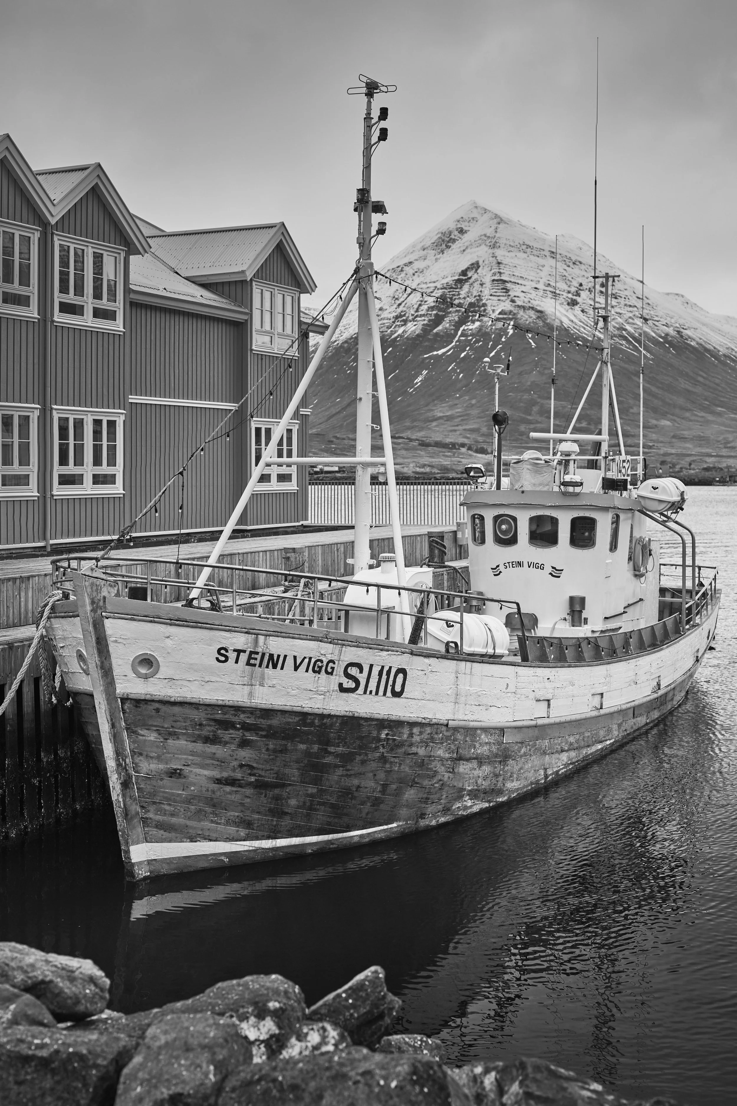  A traditional fishing boat moored off the Siglo Hotel in Siglufjörður, Iceland. 