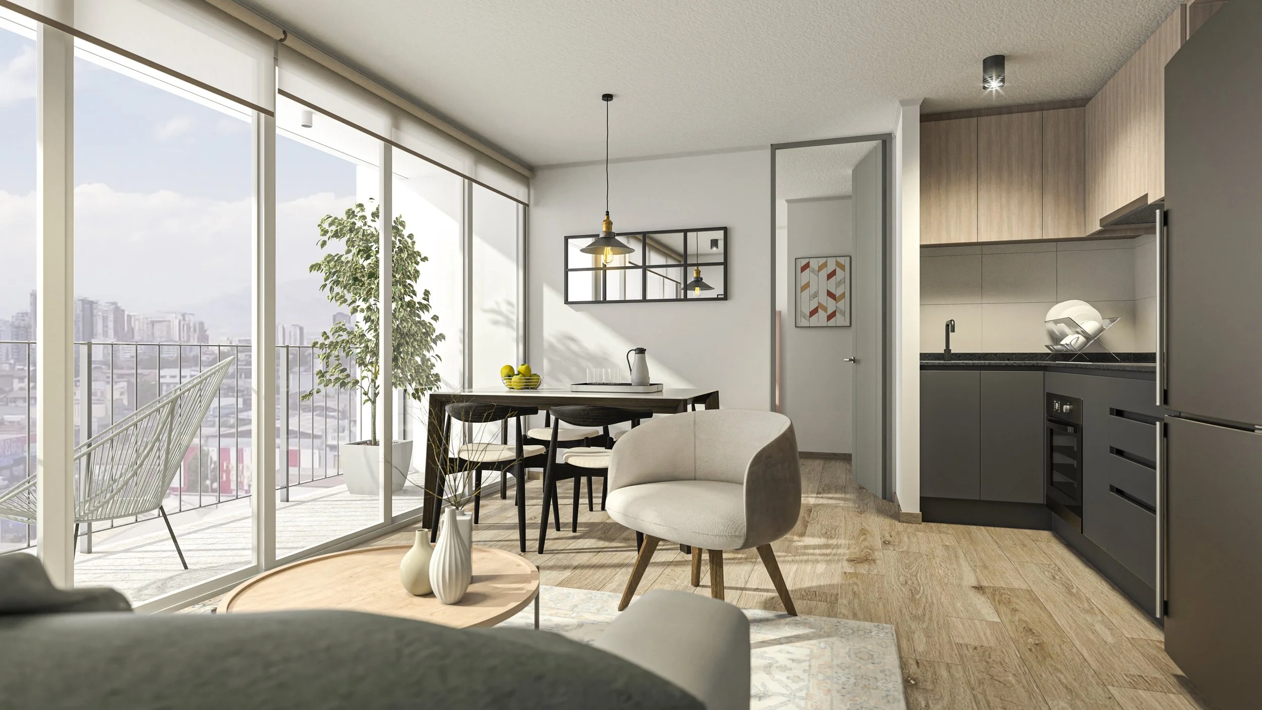 Interior de un apartamento moderno con una sala de estar y comedor combinados. Hay un sofá, una mesa de centro de madera con decoraciones, una mesa de comedor con sillas, una cocina moderna al fondo y un balcón con vista a la ciudad.