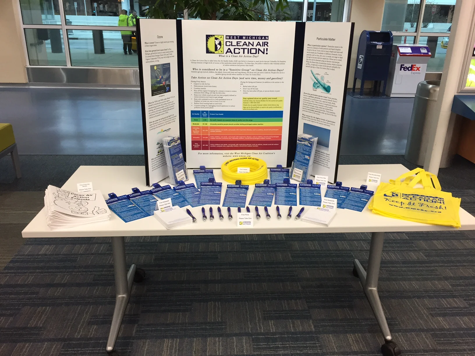 The Clean Air Action display and promotional items at the Gerald R. Ford International Airport. The display rotates throughout many city, township, and village offices, bus stations and local libraries in West Michigan during the spring and summer as well. 