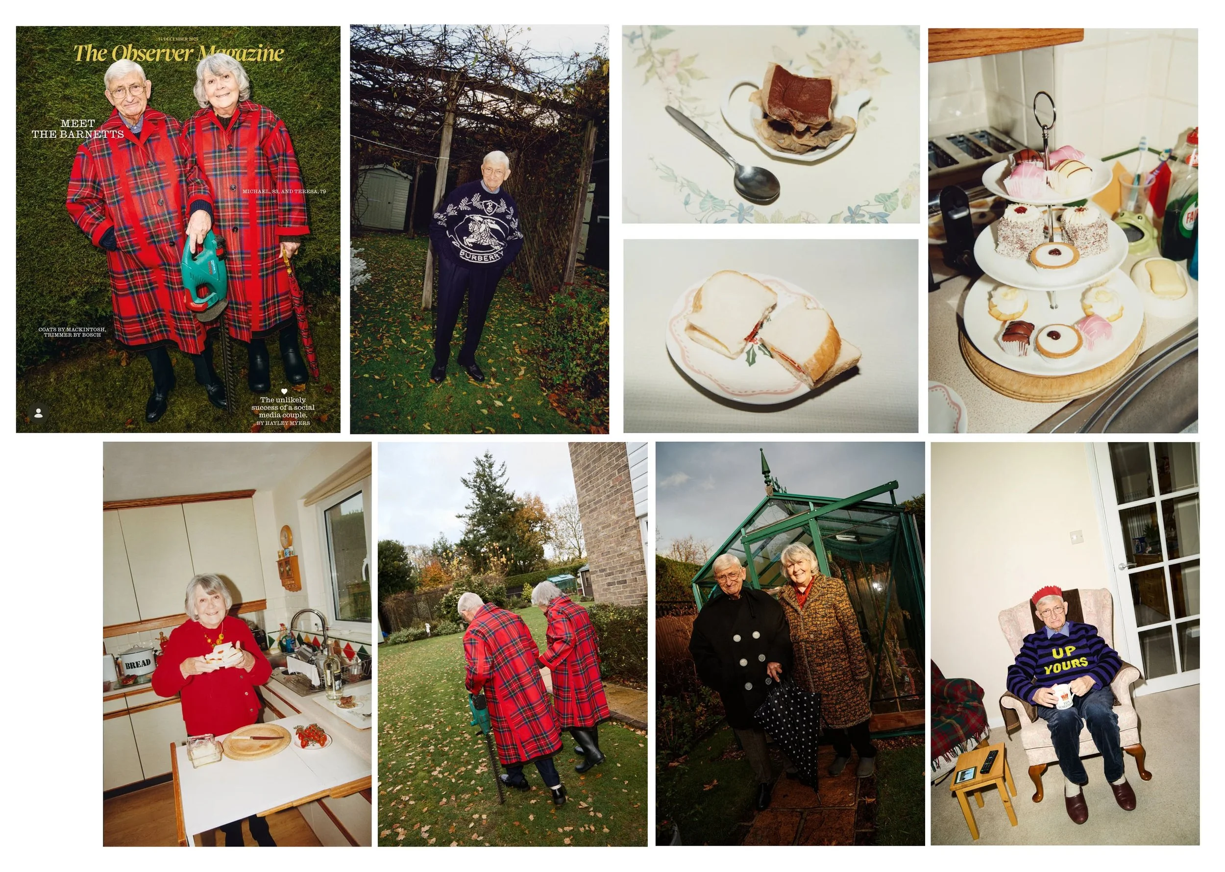 A collage of nine photos featuring elderly people and holiday treats. The top left shows an elderly couple on a magazine cover dressed in red plaid coats. The top middle shows a man standing outdoors in a garden, dressed in a dark sweater. The top right features a close-up of a plate with a small dessert and a spoon. The second row's left image shows a woman with a red sweater holding a plate of food in a kitchen. The middle image shows two elderly women walking in a garden wearing red plaid coats. The right image in the second row shows two elderly women outdoors near a greenhouse. The bottom right depicts an elderly person seated in a chair wearing a sweater that says