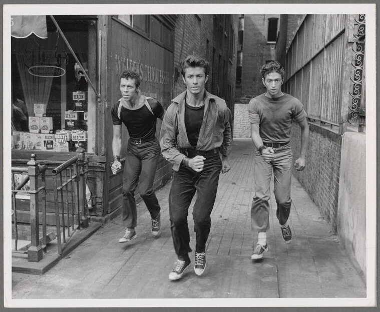  Jay Norman as Pepe, Eddie Verso as Indio, and George Chakiris as Bernardo, three of the Sharks in the motion picture version, 1960. Jerome Robbins Dance Division, The New York Public Library Digital Collections. 