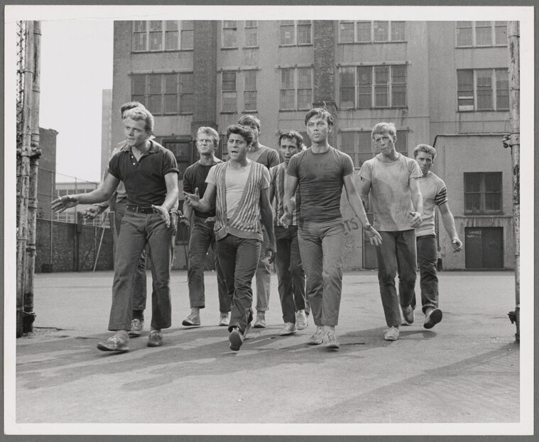  David Winters, Harvey Hohnecker, Tony Mordente, Burt Michaels, Eliot Feld, others as members of the Jets, 1960. Jerome Robbins Dance Division, The New York Public Library Digital Collections. 