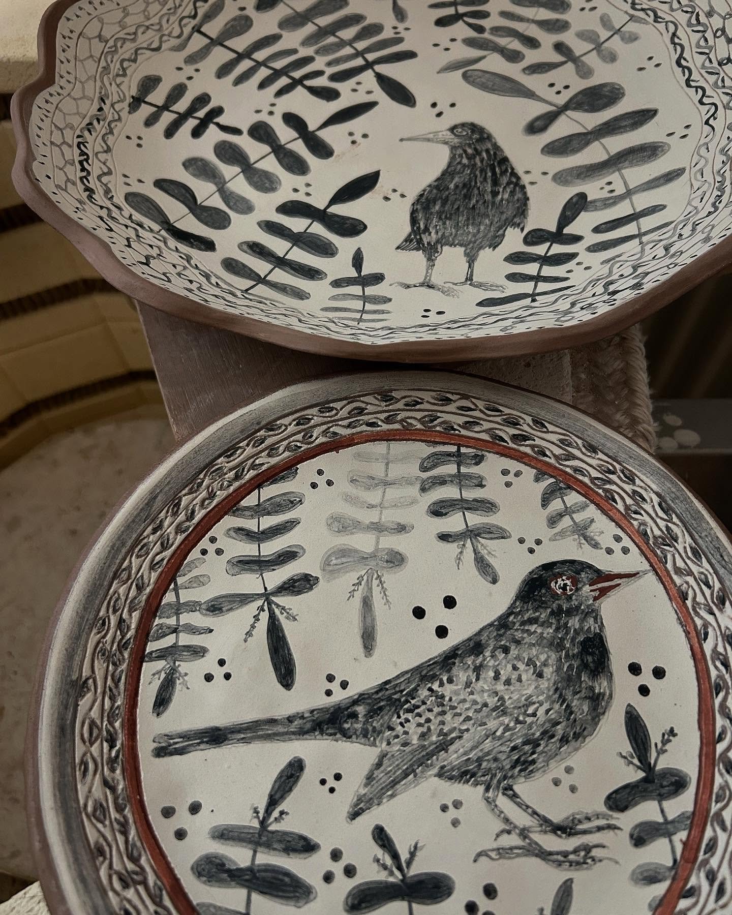 Patiently waiting to fly in the kiln but I have a glaze firing to do first… #bowl #plate #handmade #madeinpembrokeshire #madeinwales #adriftpottery #inspiredbynature #inspiredbybirds #blackbird #rook #illustratedceramics