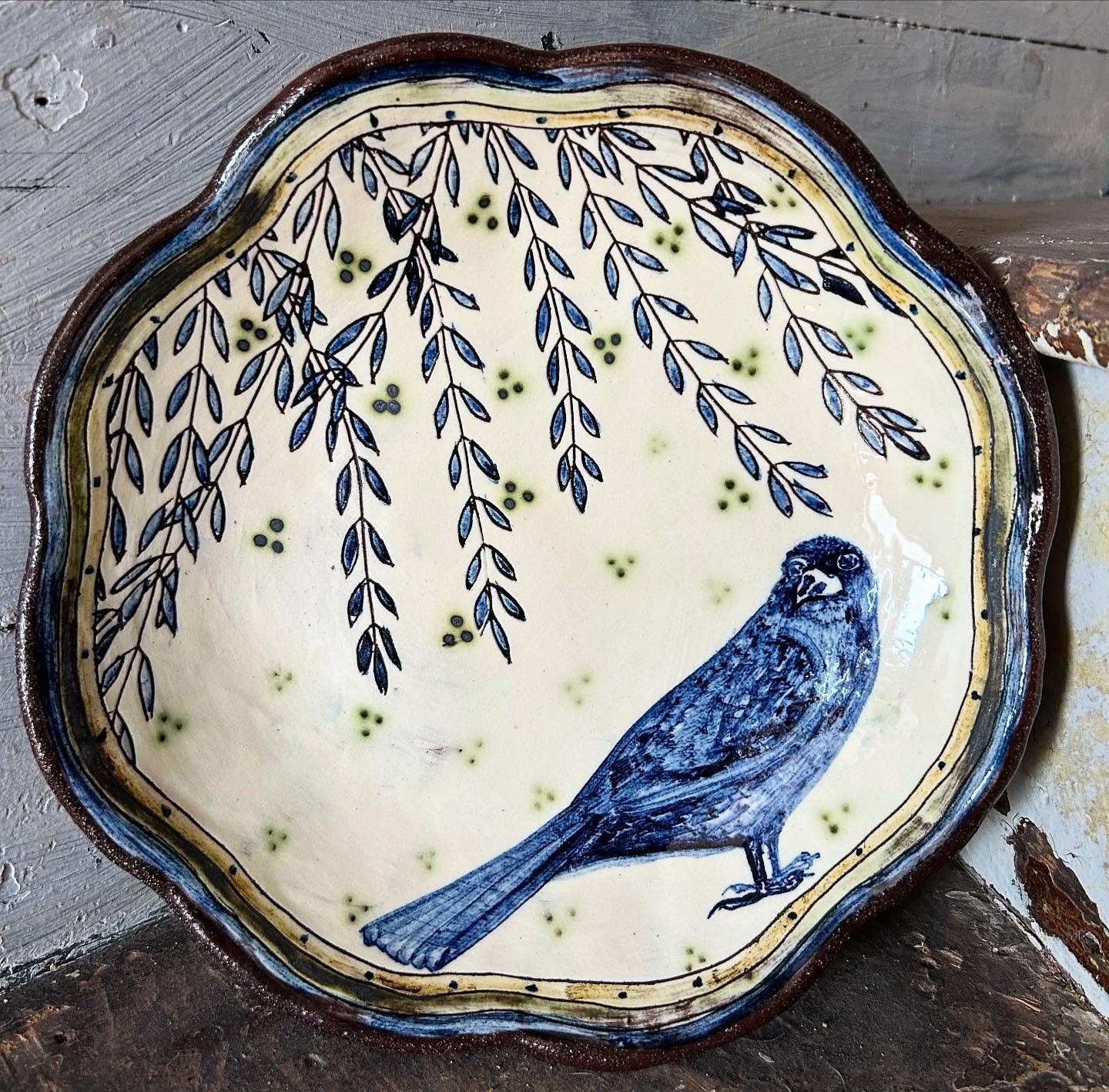 A thoughtful expression… this one is off to the bright lights of London… available at Myriad with @curator_and_maker from May 7 -10th. #slipware #slipwarepottery #handmade #bowl #handpainted #inspiredbynature #inspiredbybirds #madeinpem