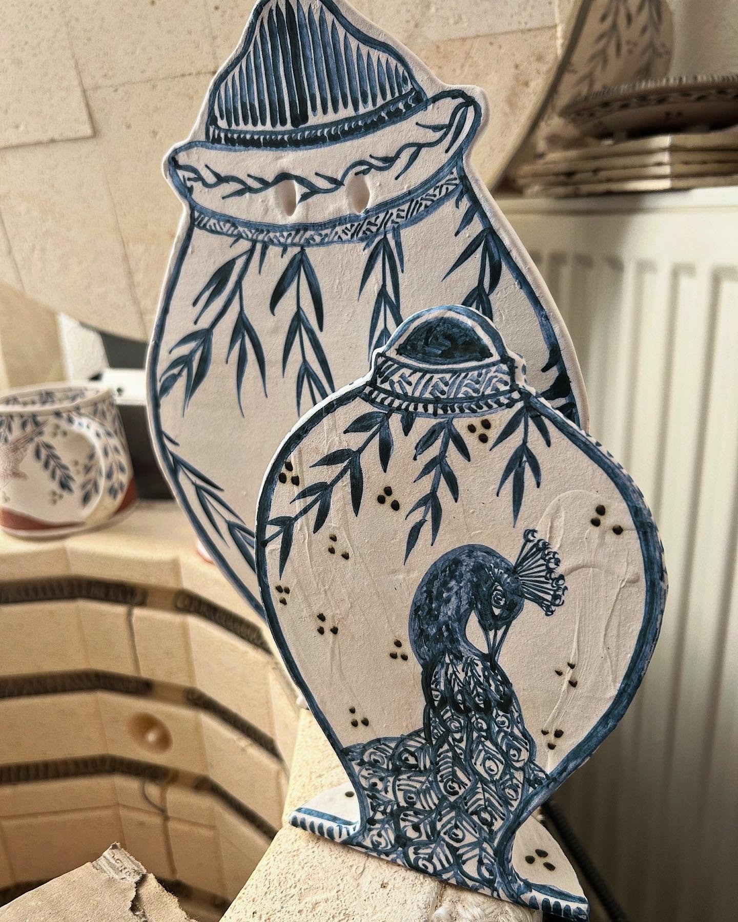 Just unloading the kiln and happy to see these two flat vases made it… glazing up next. #vase #handmade #handpainted #inspiredbynature #madeinpembrokeshire #madeinwales #adriftpottery #slipware #slipwarepottery