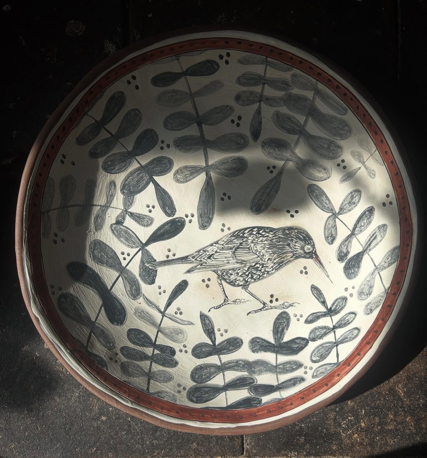 Morning shadows on this Starling bowl in progress. Then the magic starts… #bowl #starling #handpainted #inspirebybirds #inspiredbynature #illustratedceramics #wip #madeinpembrokeshire #madeinwales #adriftpottery #slipware #slipwarepottery