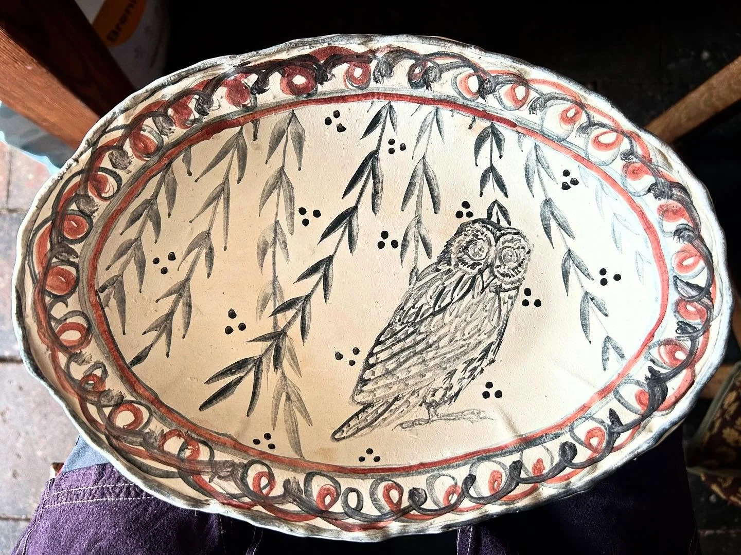 An owl, in progress, for Sunday …and as always Free Palestine π΅πΈ #slipware #handmade #inspiredbynature #owl #handpainted #madeinpembrokeshire #madeinwales #adriftpottery #dish #wip