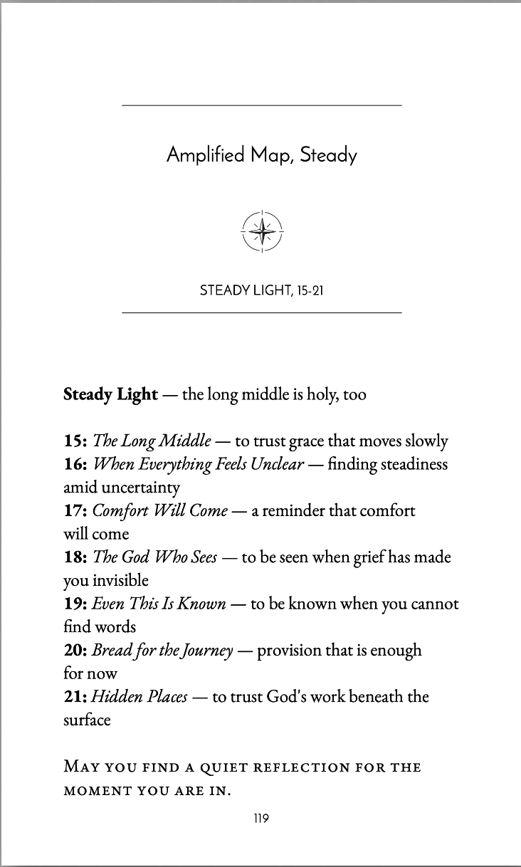 Page from a book or guide titled "Amplified Map, Steady" with a subtitle "STEADY LIGHT, 15-21" and a list of reflections about steady light and spiritual trust.