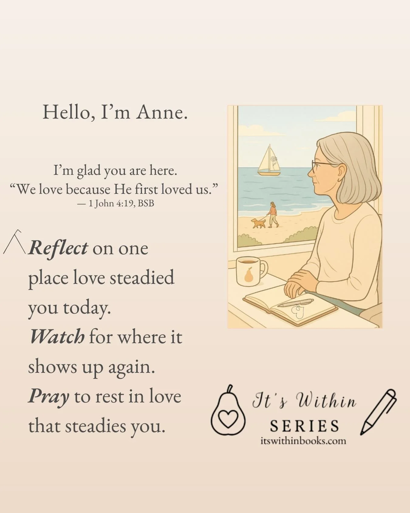 Hello, dear friends. 💛 I&rsquo;m Anne &mdash; writer, explorer of Scripture, and someone who has spent many quiet mornings reflecting on the Fruit of the Spirit in Galatians 5:22&ndash;23.
It&rsquo;s Within began as my own personal journey toward pe