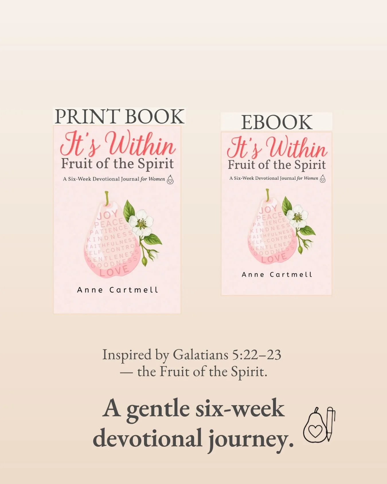 A gentle six-week devotional journey &mdash; inspired by Galatians 5:22&ndash;23 &mdash; the Fruit of the Spirit.
Whether you enjoy writing on paper or reading on your Kindle, It&rsquo;s Within: Fruit of the Spirit offers a tender rhythm of reflectio
