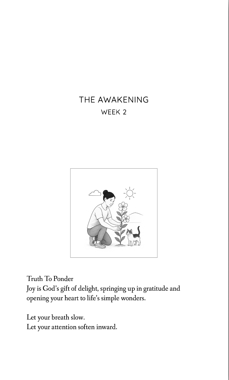 Cover page of a booklet titled "The Awakening, Week 2." It includes a black-and-white illustration of a woman kneeling beside a flowering plant, with a small dog nearby, under a sun and clouds.