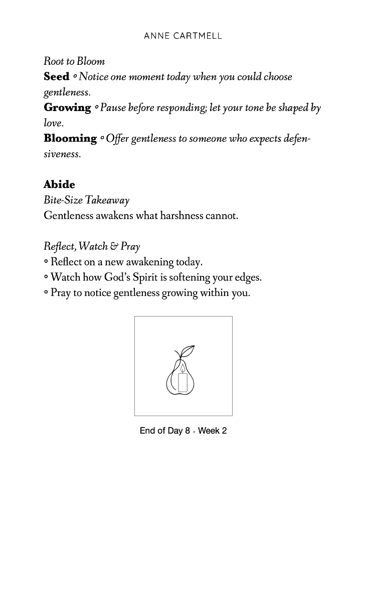 A page from a journal or workbook with a poem titled 'Seed, Growing, Blooming, Abide' by Anne Cartmell, and a simple line drawing of a pear with a candle and leaf, marking the end of Day 8, Week 2.
