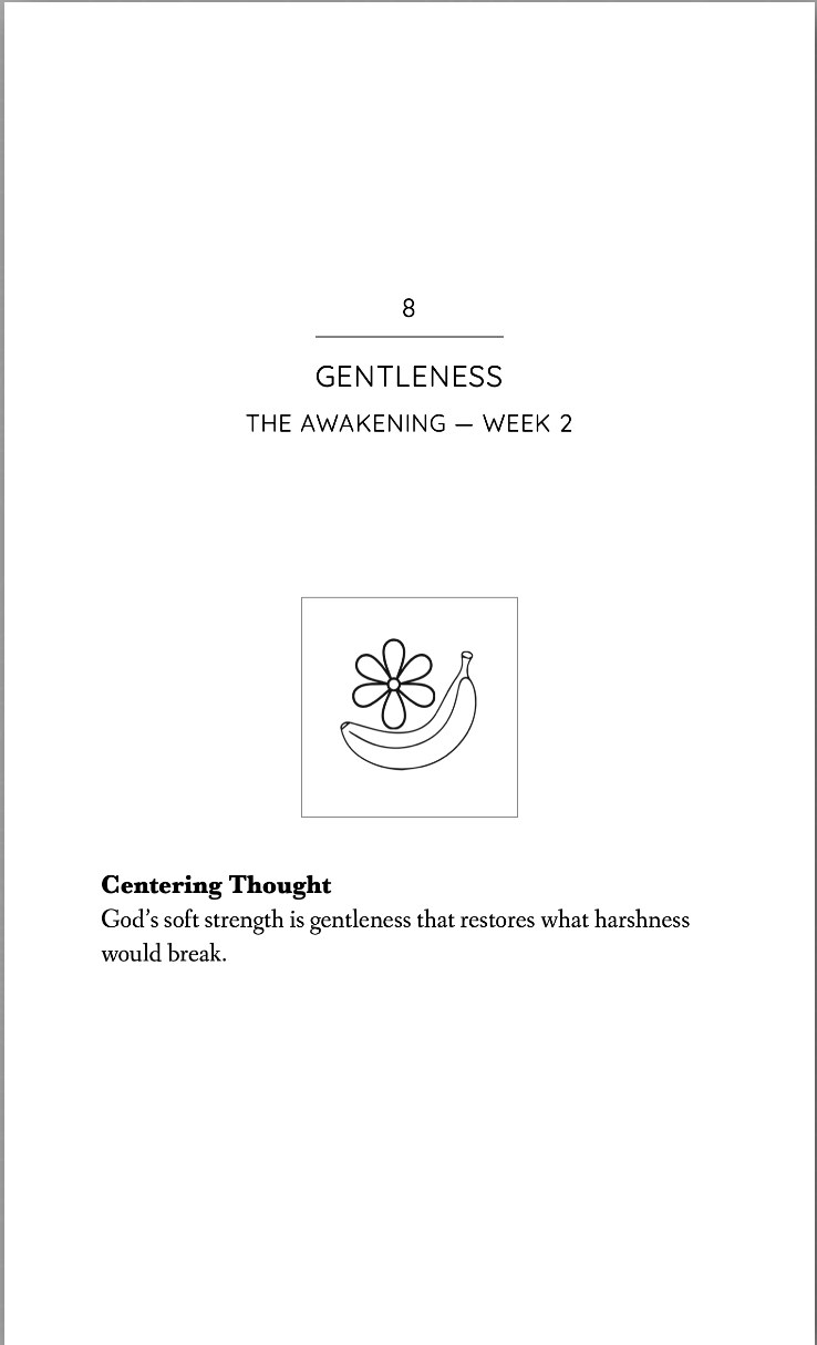 A title page for a book or lesson plan titled 'Gentleness' from 'The Awakening — Week 2', featuring a simple illustration of a banana and a flower.