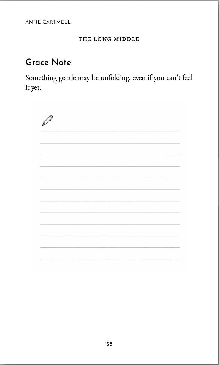 A page from a book titled 'The Long Middle' by Anne Cartmell, featuring a section called 'Grace Note' with a quote about gentle unfolding, and a blank lined space for writing, with a small pencil icon.