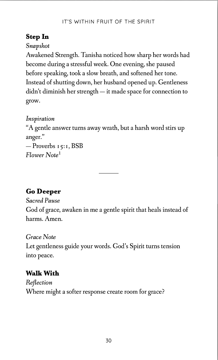 A page from a book titled "It's Within Fruit of the Spirit" with sections on "Step In," "Inspiration," "Go Deeper," and "Walk With," discussing themes of strength, gentleness, grace, and peace through prayer and reflection.