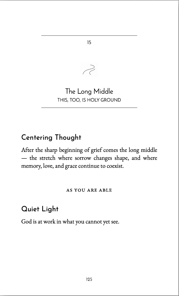 A page from a book or magazine with the number 15 at the top, a small decorative symbol, and text discussing the 'Long Middle' phase of grief, centering thought, and quiet light.
