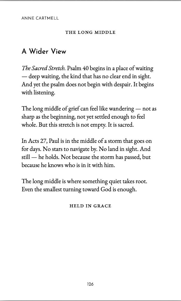 Page from a book titled "A Wider View" by Anne Cartmell, discussing the sacred stretch compared to biblical and biblical themes.