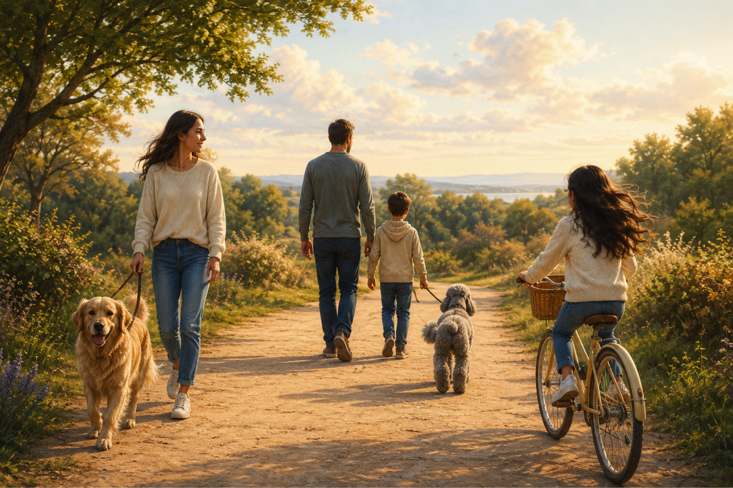 A family walking and biking on a dirt path surrounded by trees and greenery during sunset.