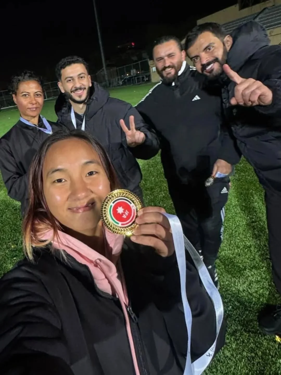 @etihadclubjo @lizziefluke Jordan Women's Pro League Champions for the 3rd Consecutive Season.

In the Pic: 📷 Coach Salbad, Captain Tareq, GK Coach Anas, and @preeti_rai014 🏆🏆