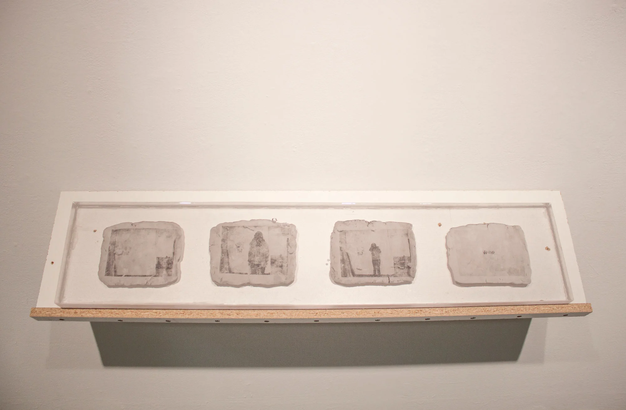 A sequential look at the question of “who” and the existential crisis it evokes. Cast epoxy, laser jet prints, melamine shelf (repurposed from the mold made to cast). 2018