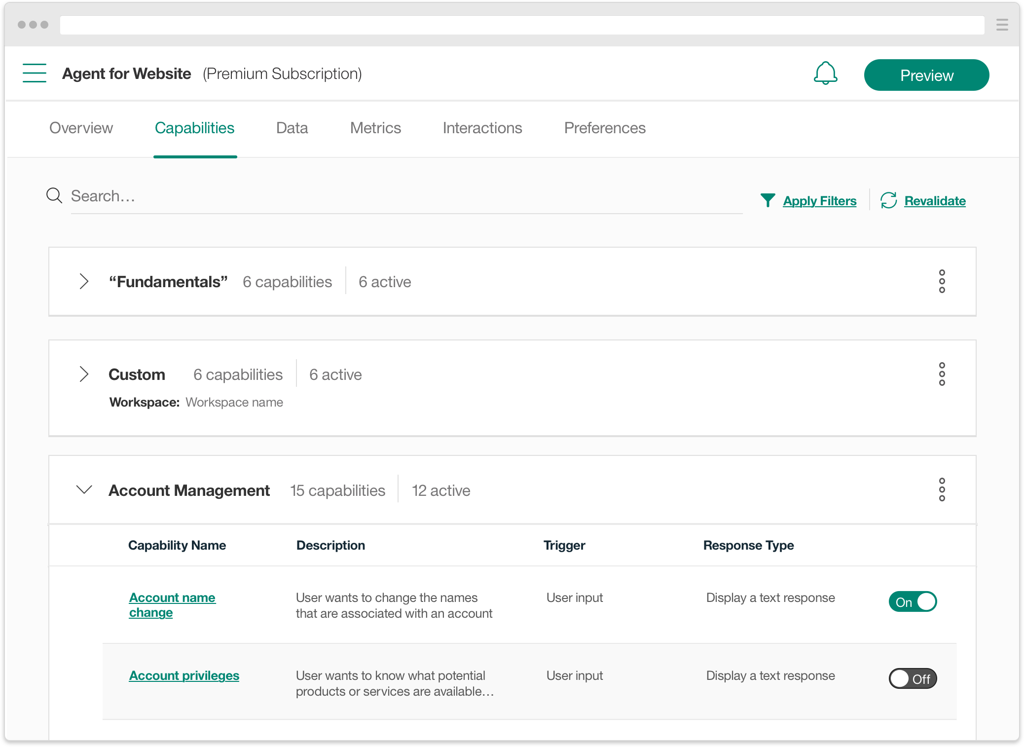 ^ On the capabilities screen, users can see a listing of all their prebuilt capabilities by category. Clicking one takes them to the detail page for configuration.