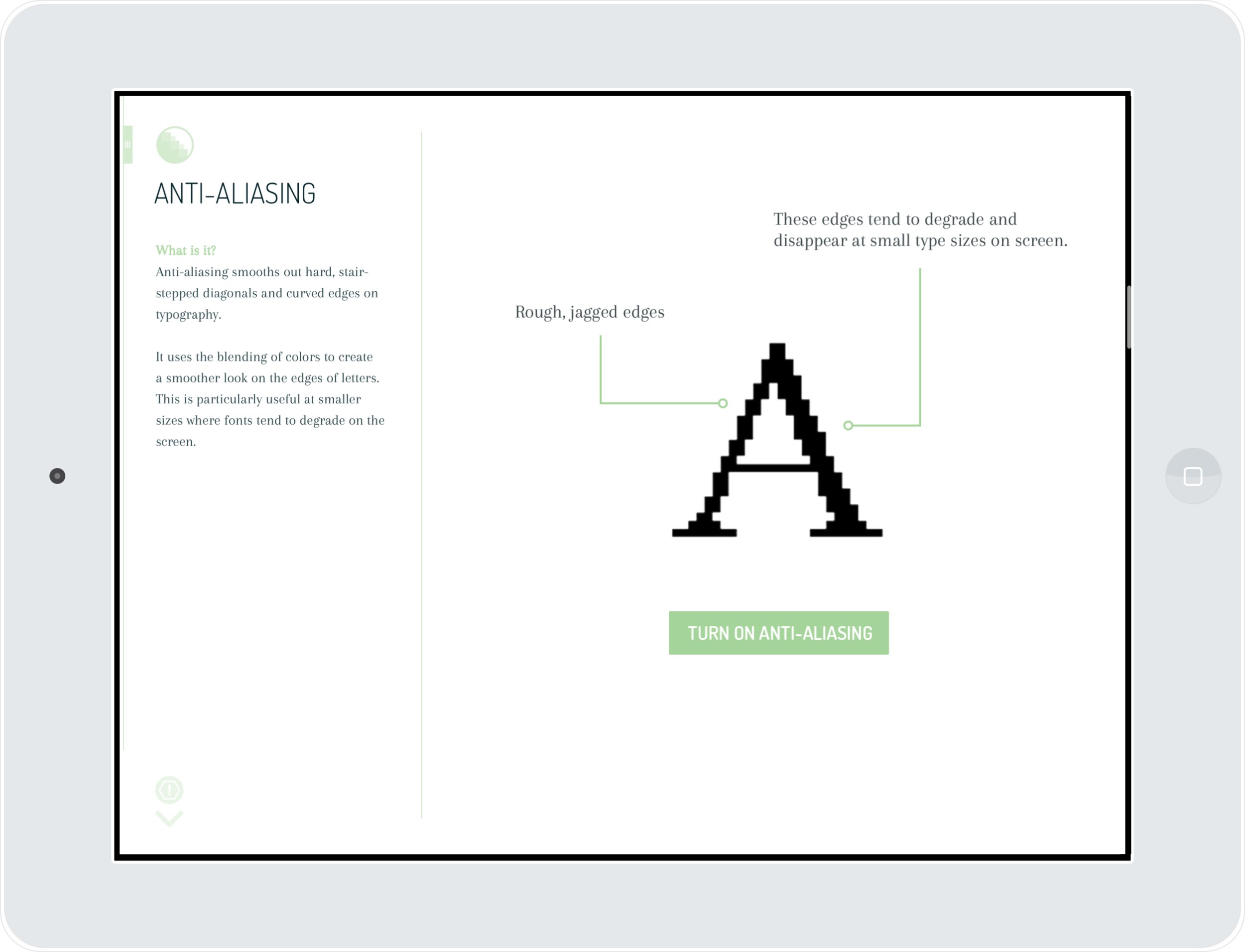 ^ Each section has a short explanation of the topic, as well as an example for readers to better visualize and understand the topic. Here, the concept of anti-aliasing is being shown. Readers can turn anti-aliasing on and off to see the differences.