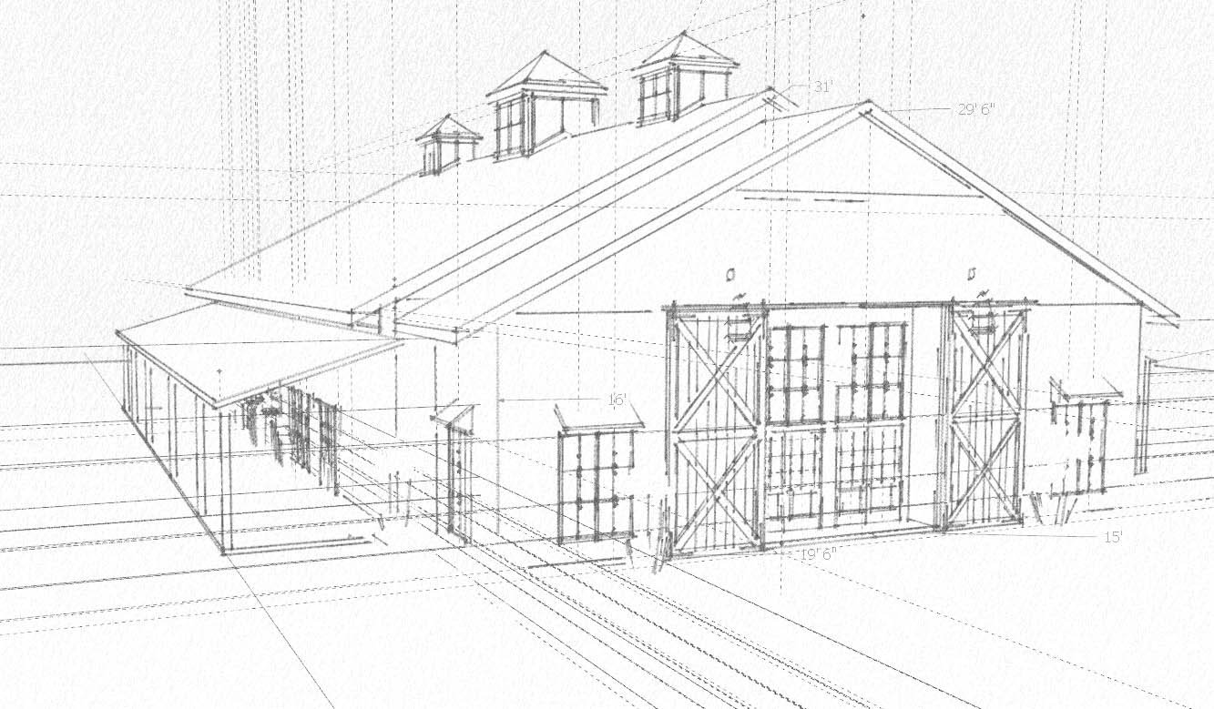 Architectural blueprint sketch of a the Barn at Grace Hill wedding venue in Wichita KS showing dimensions and structural details.