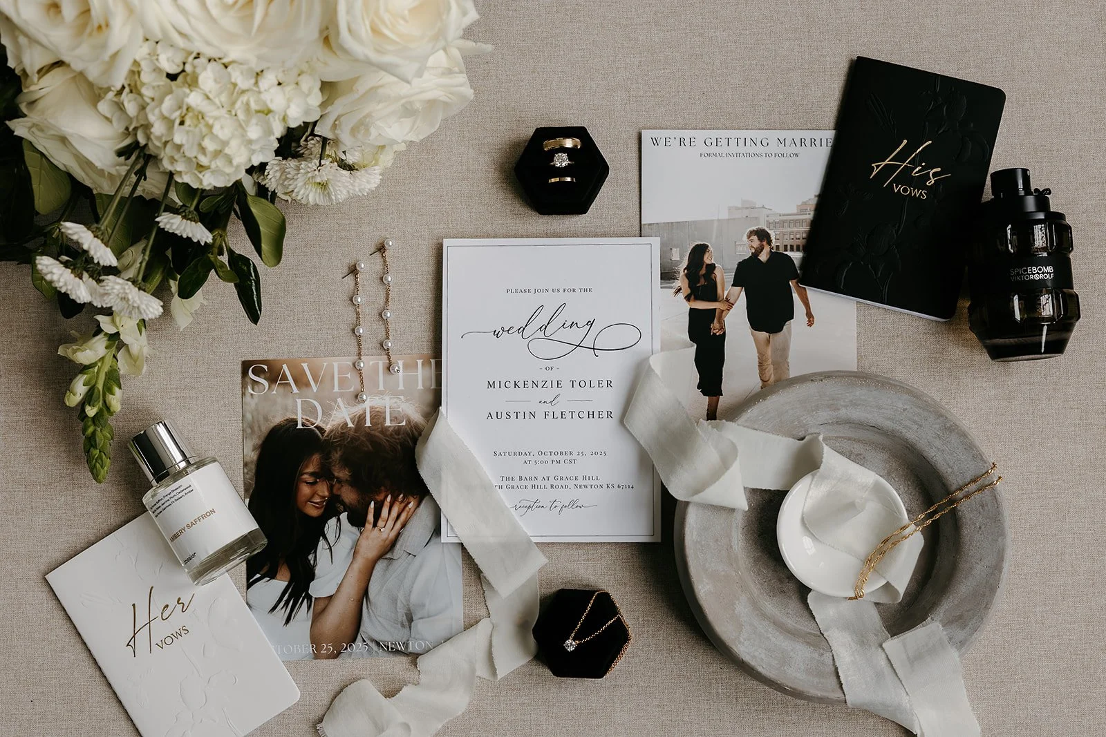 invitation, jewelry and perfume details for wedding day