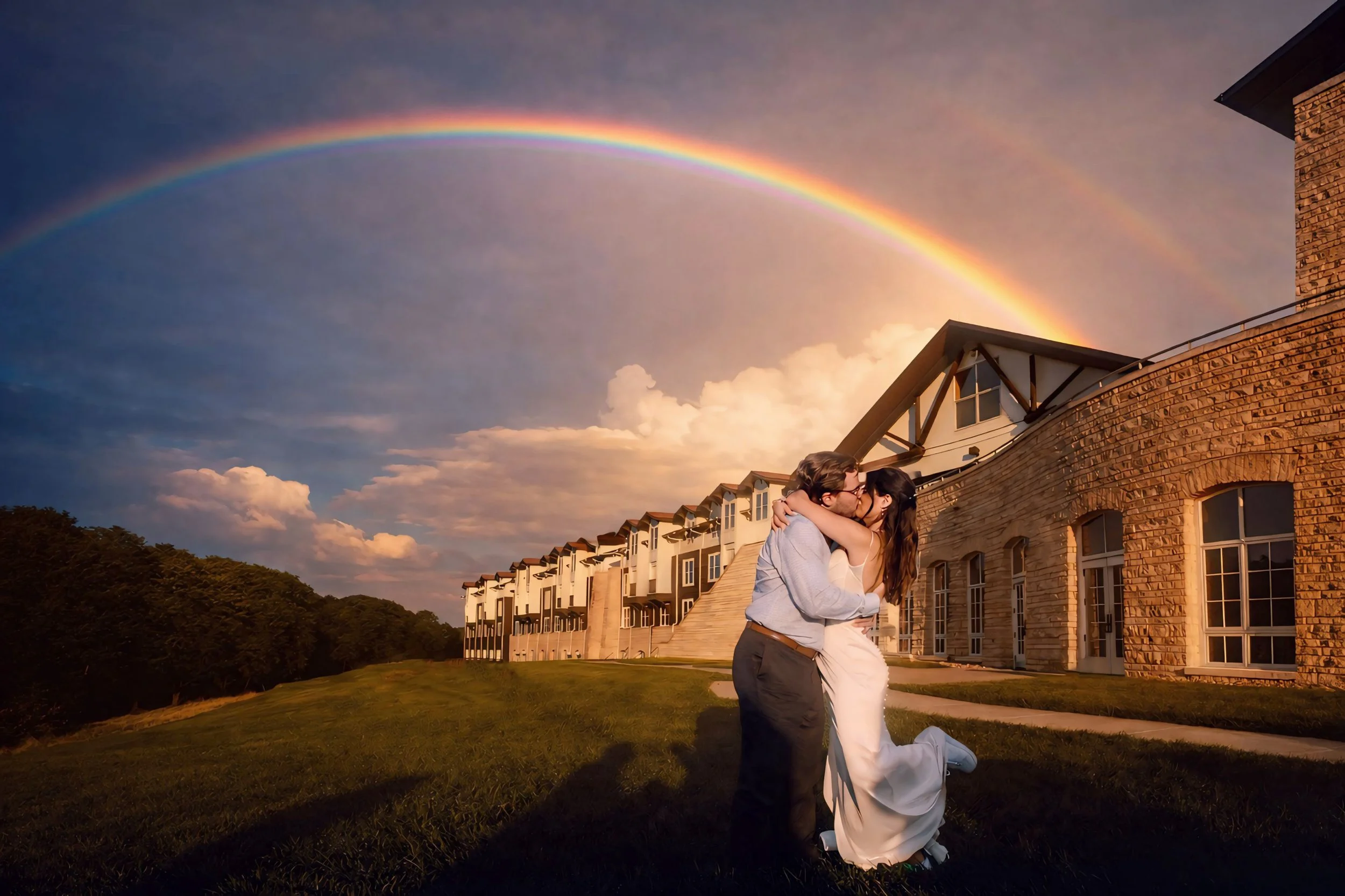 Omaha Wedding Photographer | Empire Room | Bride and Groom Under Rainbow