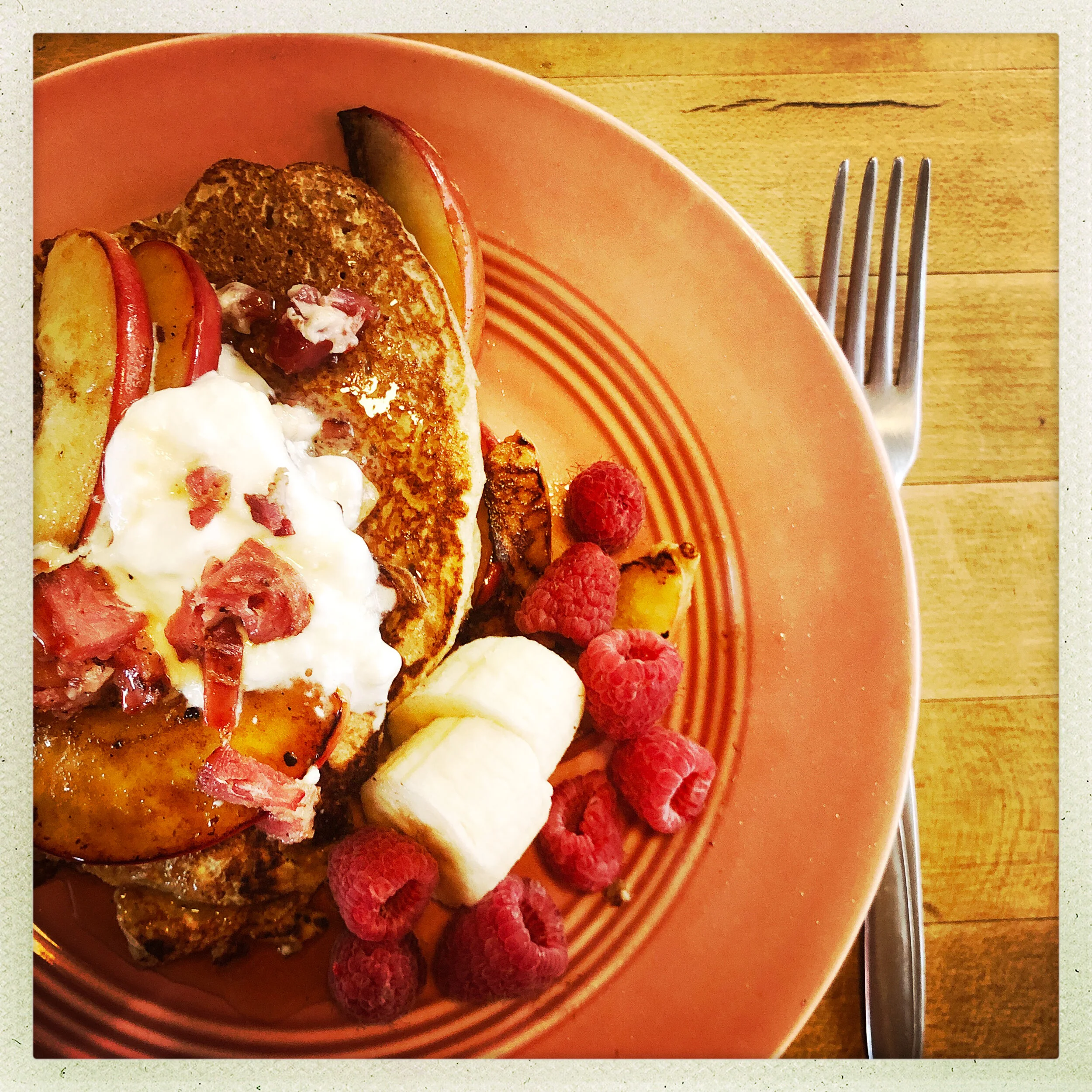 Apple & Ricotta Pancakes with Fresh Fruit, Bacon Butter and Honey / meal by Jenna at the Cabin