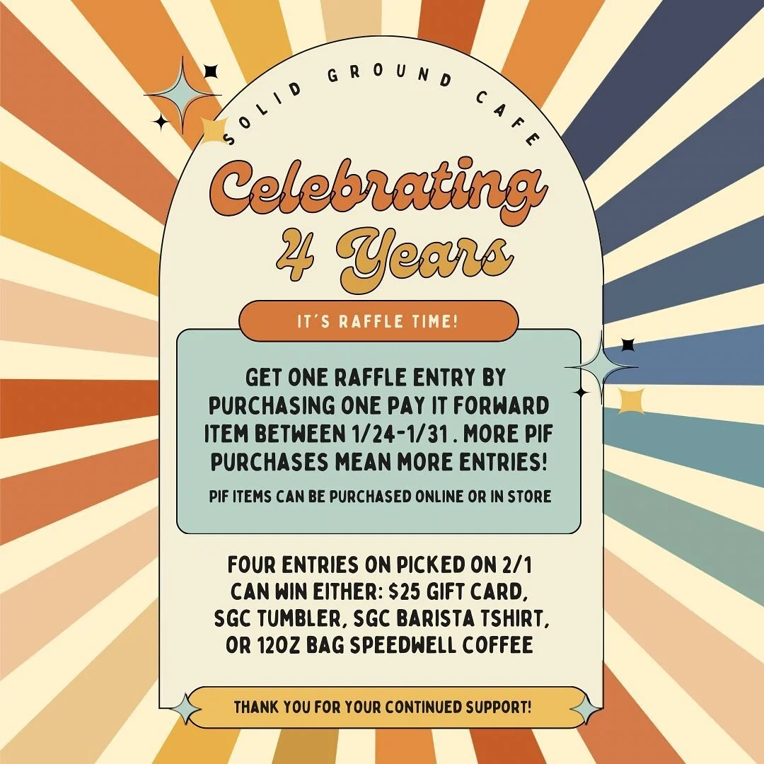 🎉Can you believe it's been 4 years? We're celebrating with a raffle! Buy any PIF item between 1/24-1/31 and be automatically entered to win SGC gear! Four entries will be picked on 2/1 to win either: $25 gift card, 12oz bag Speedwell Coffee, SGC Tum