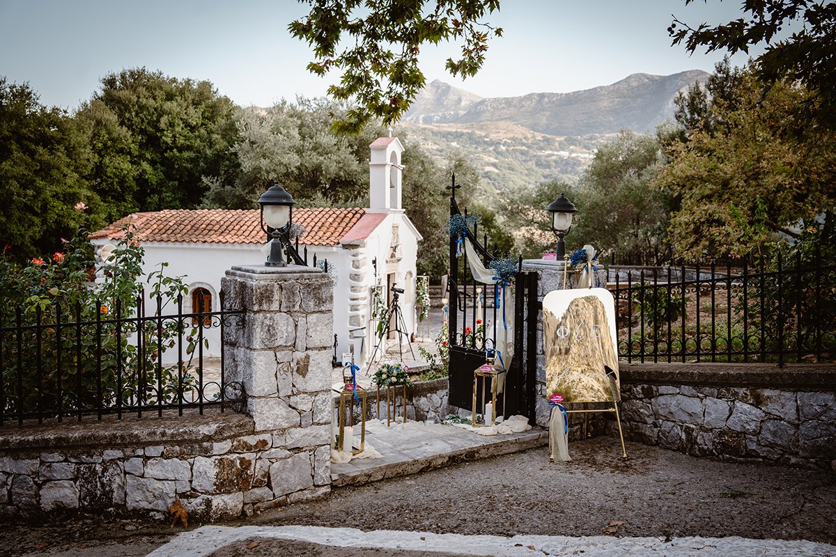 Greek Church in the heart of Crete decorated for the wedding.