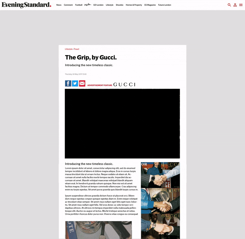 A one hour mock created with assets from a sales deck of the new Gucci Grip watch. A lightening fast turn around, for a pitch that won us the campaign. (N.B. GIF’s compress these examples and lowers the smoother frame rate of the animation, but prov…