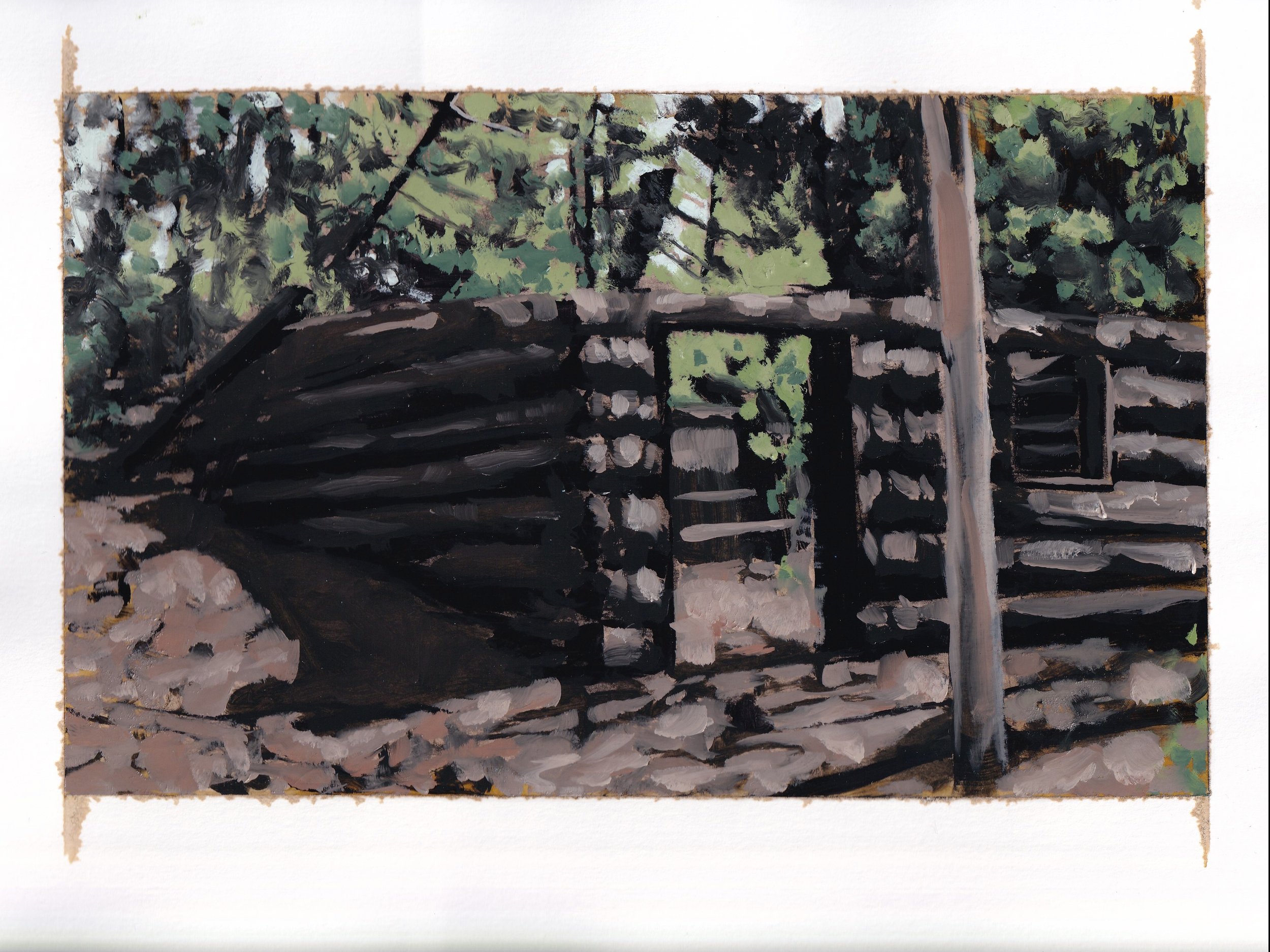  cabin in the woods - 9” x 12” - 2021 - charcoal, amber shellac, and oil paint on paper 
