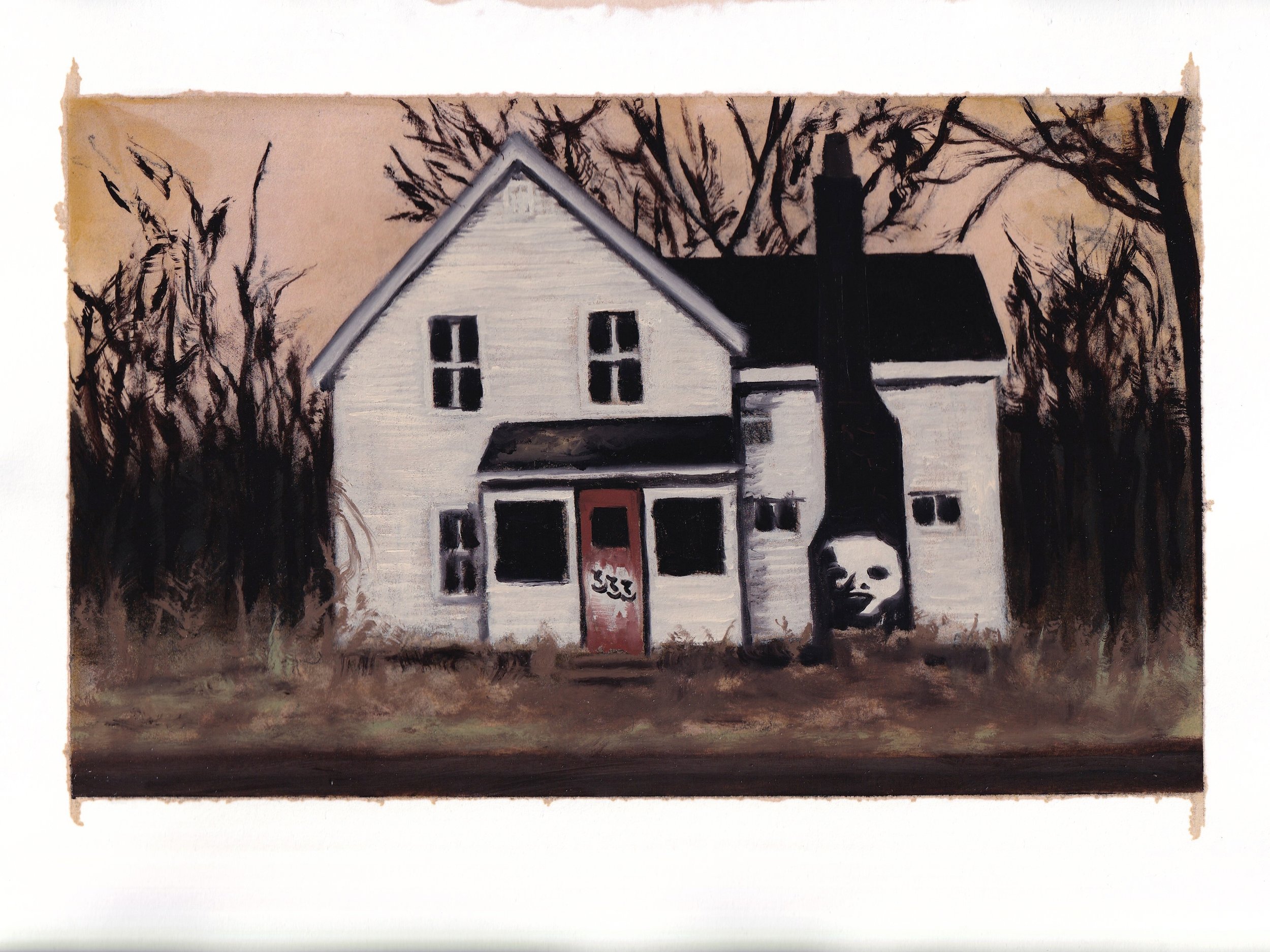  the great american foreclosure- 9” x 12” - 2021 - charcoal, amber shellac, and oil paint on paper 
