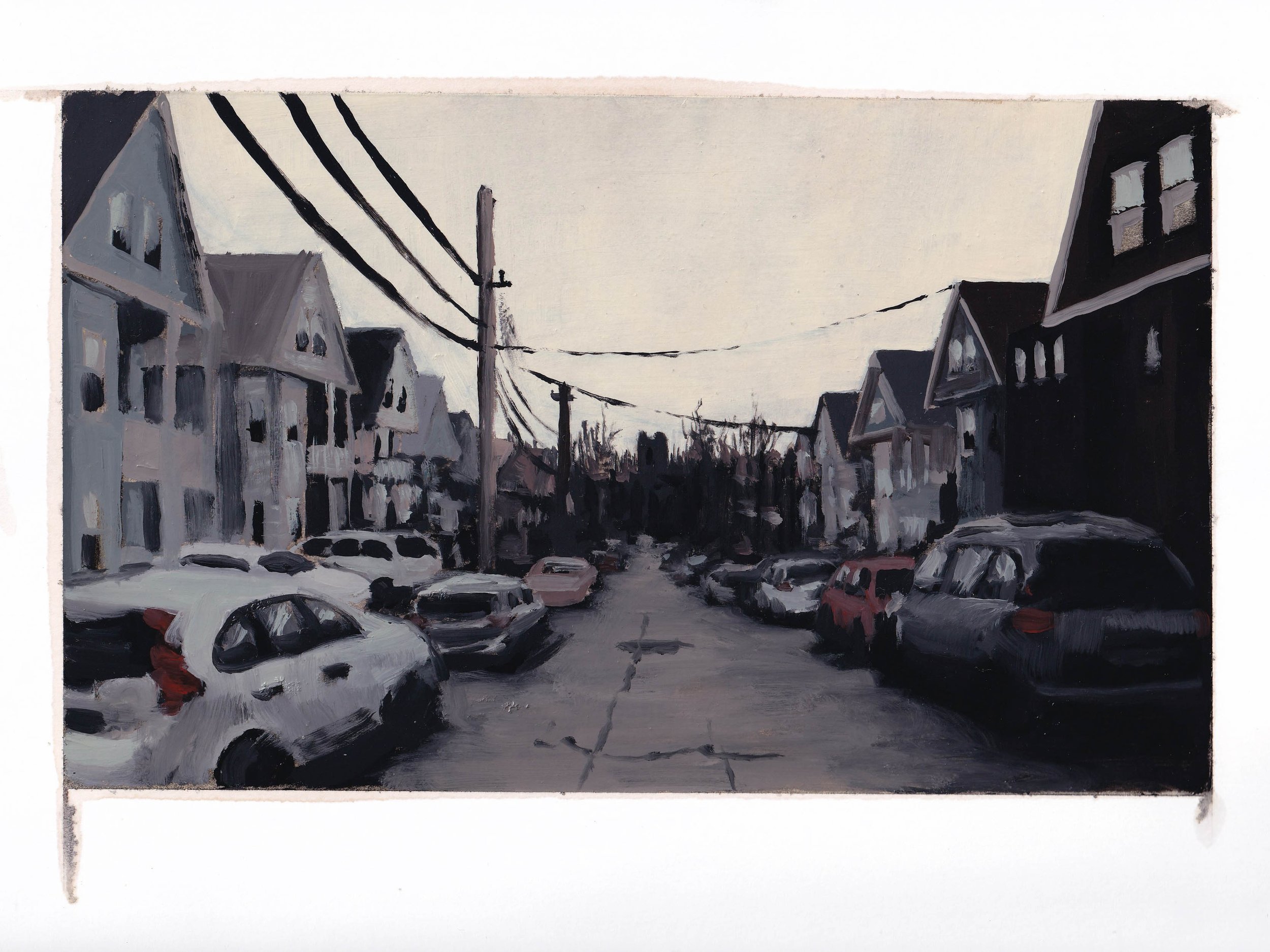  the tree street markets - 9” x 12” - 2022 - charcoal, amber shellac, and oil paint on paper 
