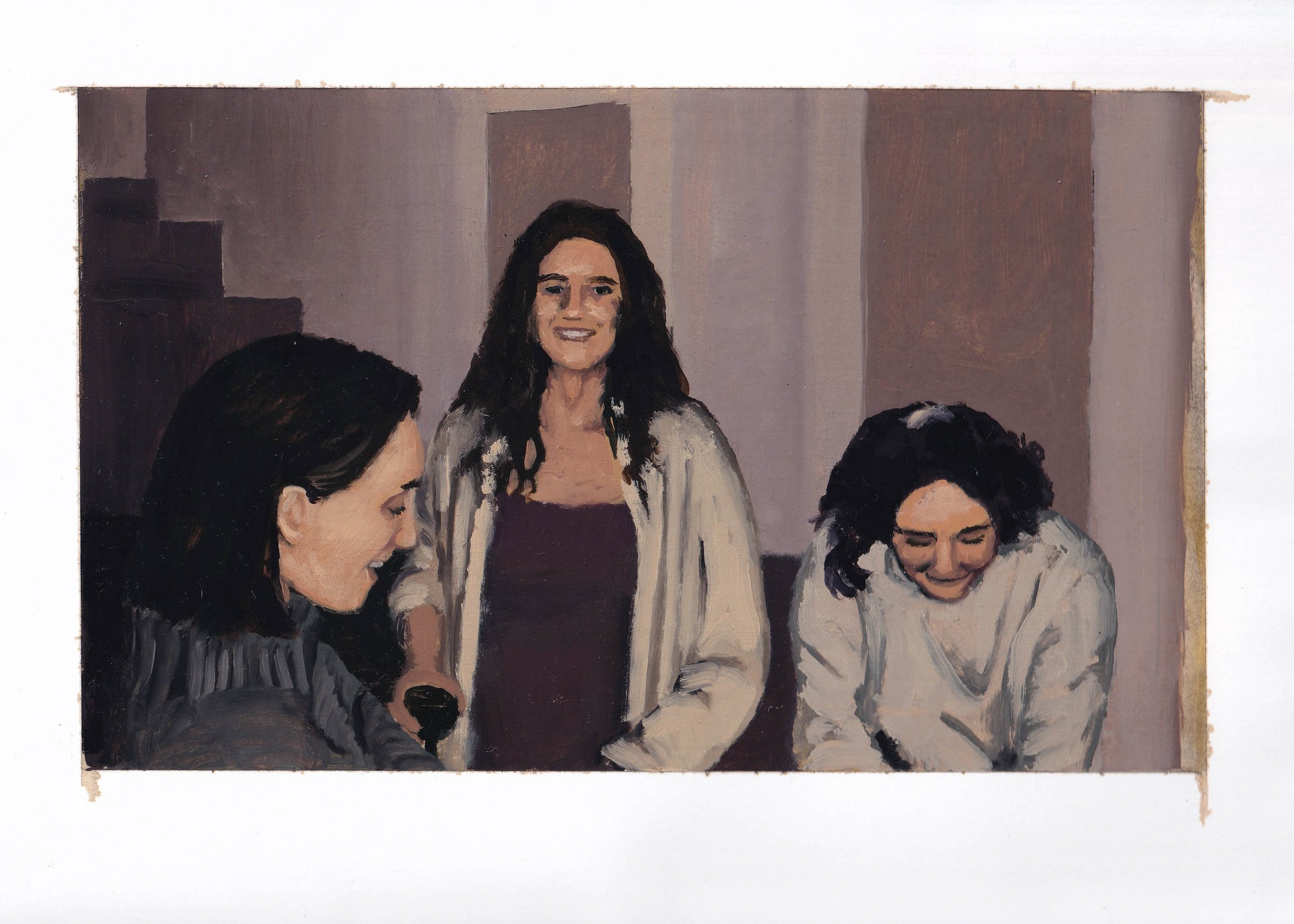  leah, hannah, and emer - 9” x 12” - 2021 - charcoal, amber shellac, and oil paint on paper 
