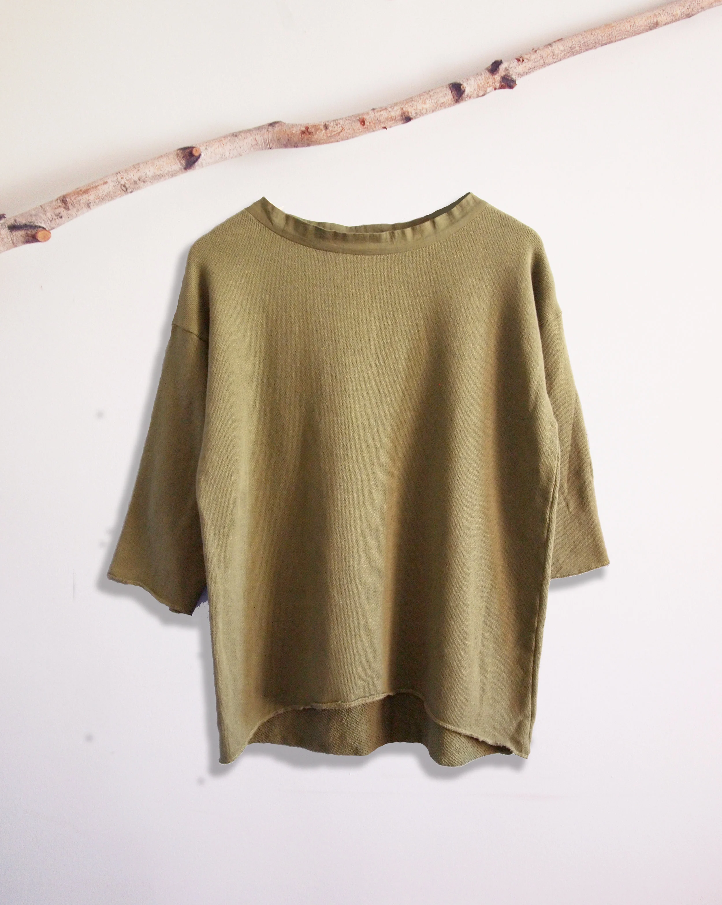 #881-604 GAUZE FLEECE 3/4 SLV CREW shown in OLIVE 100% COTTON