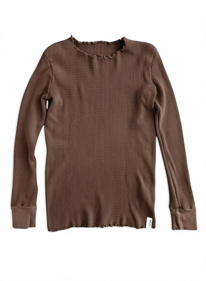 Waffle Rib Combo Tube,  Long Sleeve  Crew Neck Top. #802-748, BROWN