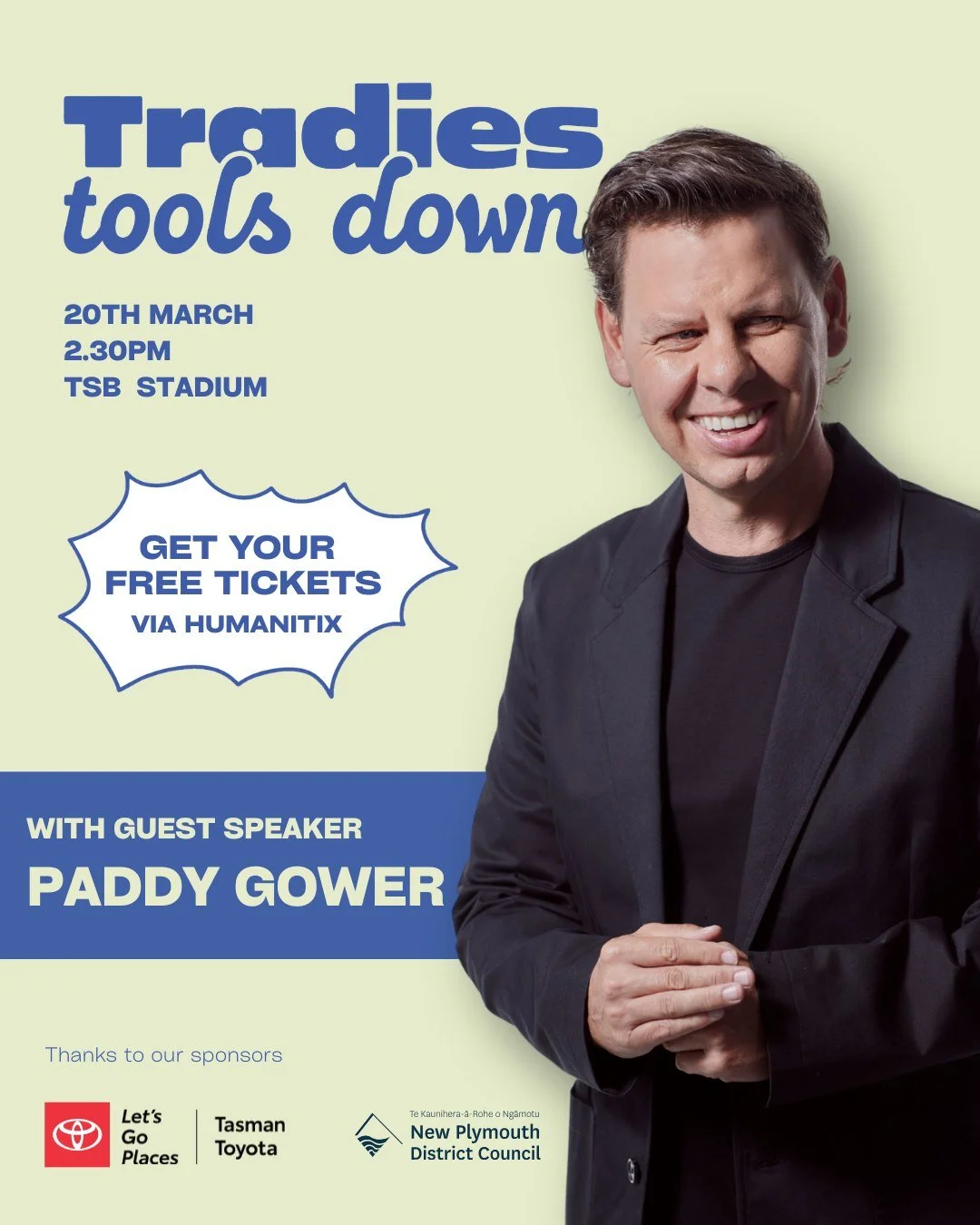 Tools down, Taranaki. 

Next Friday the tradie community is coming together for Tradies Tools Down 2026 at TSB Stadium, a free event focused on connection, conversation and the mental health of those working in construction and the trades.

Award-win