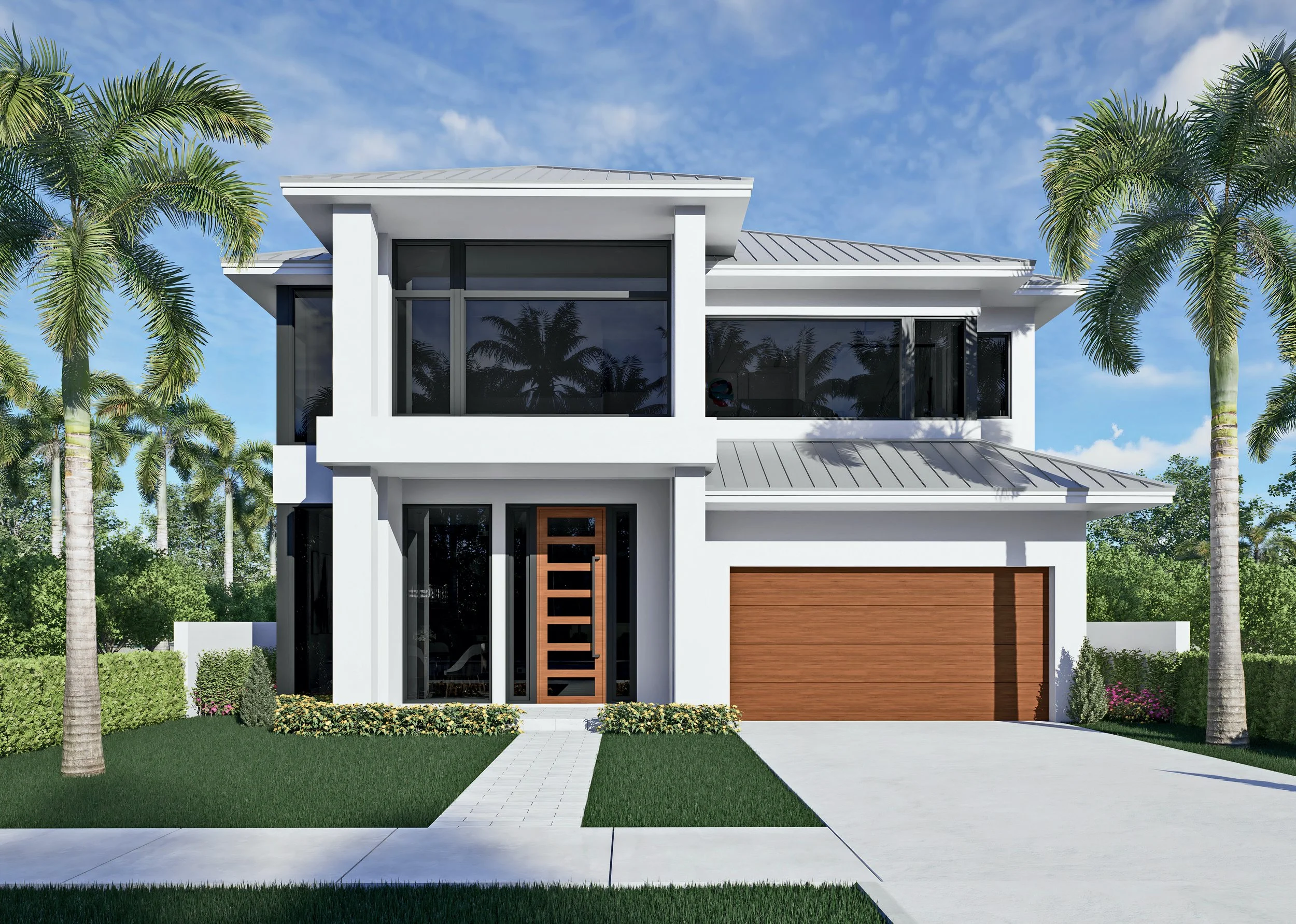 Modern two-story house with large windows and a wooden garage door, surrounded by palm trees and a manicured lawn.